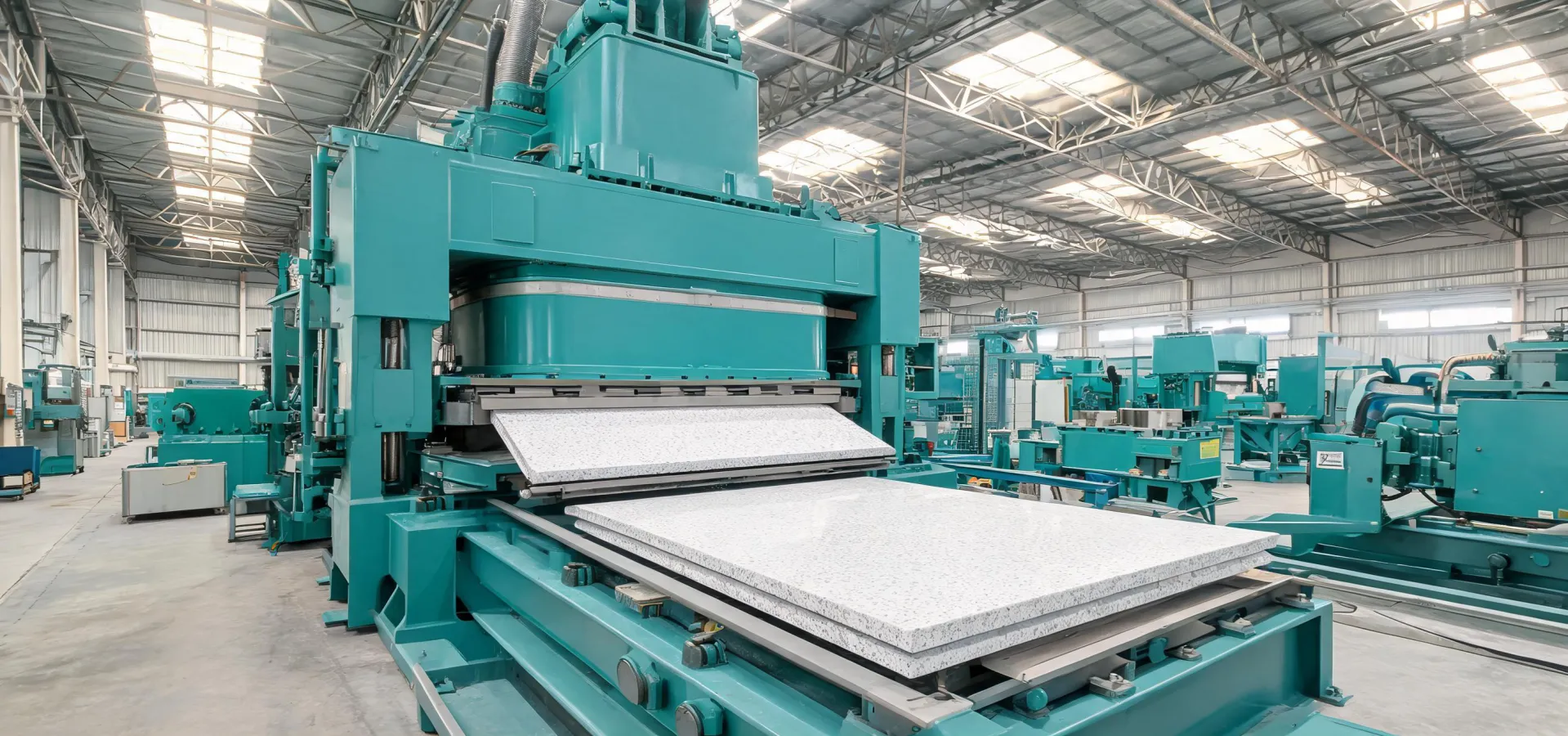 Breton vacuum vibrocompression line producing engineered quartz slabs