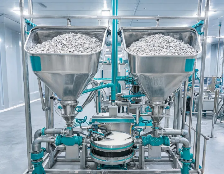 Quartz aggregate dosing and resin mixing station