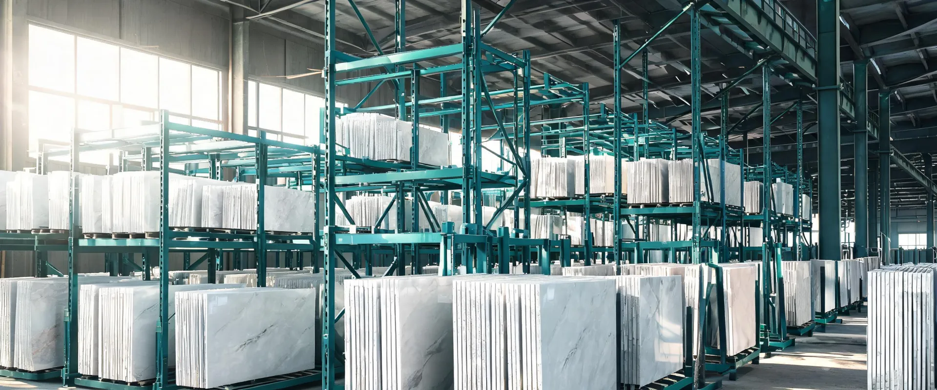 Engineered quartz slabs staged for commercial construction delivery